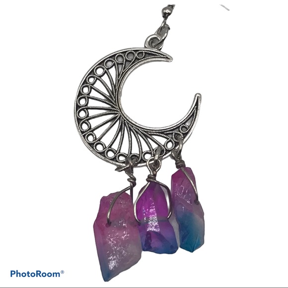 Crescent Moon & Ombré Crystal Chunk Earrings boho - Picture 3 of 4